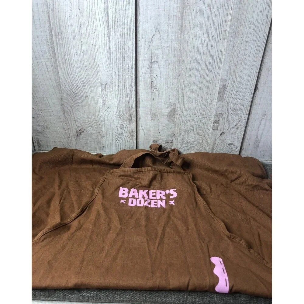 Baker's Dozen 4-Piece Baking Set Brown Apron Pink Oven Mitt Chef Hat Spatula
